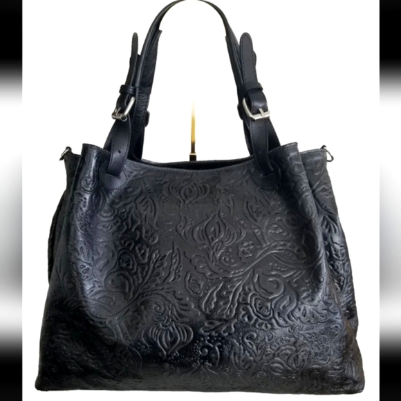 NWT 🇮🇹 Isadora Italian Black Tooled Floral Leather Large Satchel Tote Bag - Picture 4 of 13